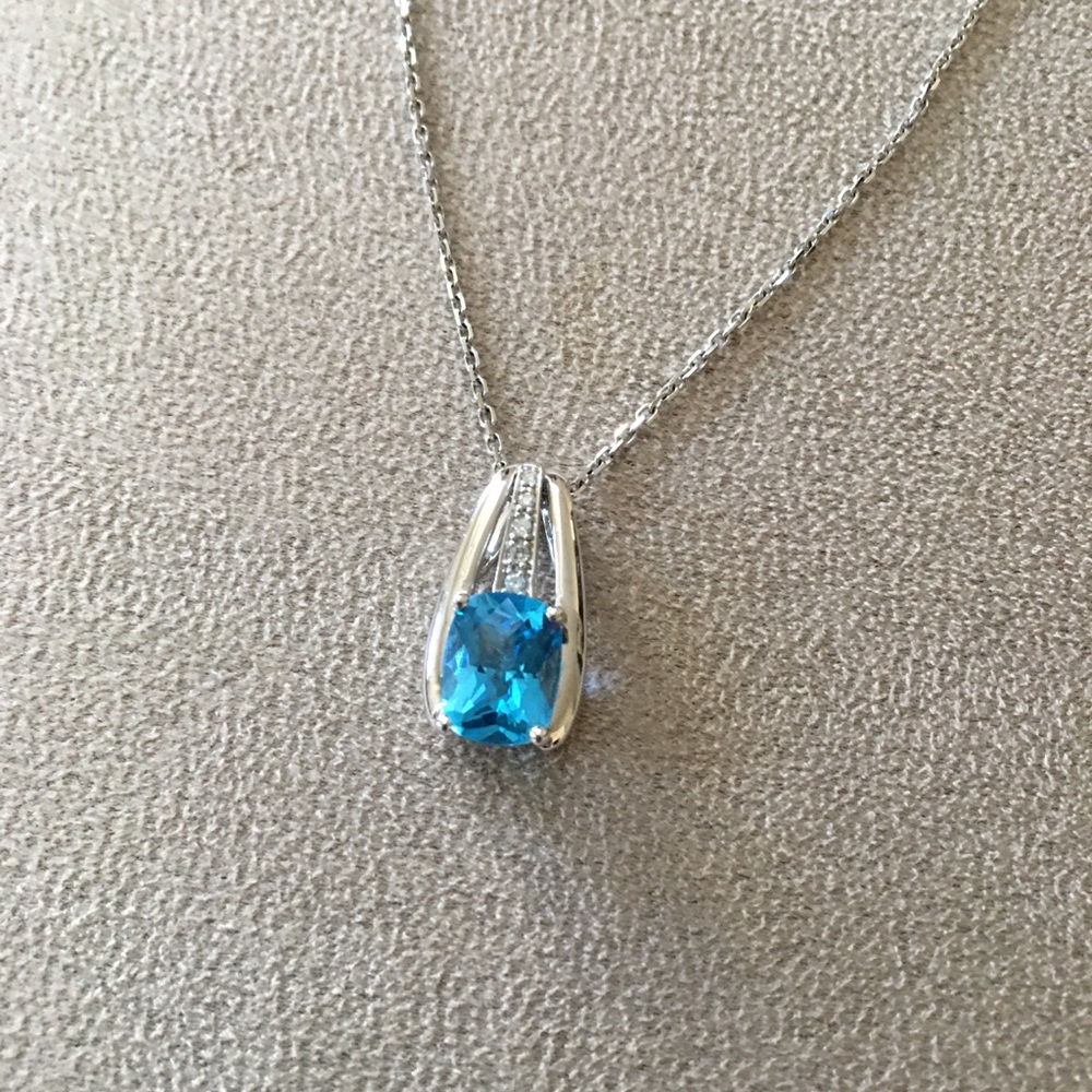 Blue Topaz Necklace, 14 Carat White Gold with Diamonds